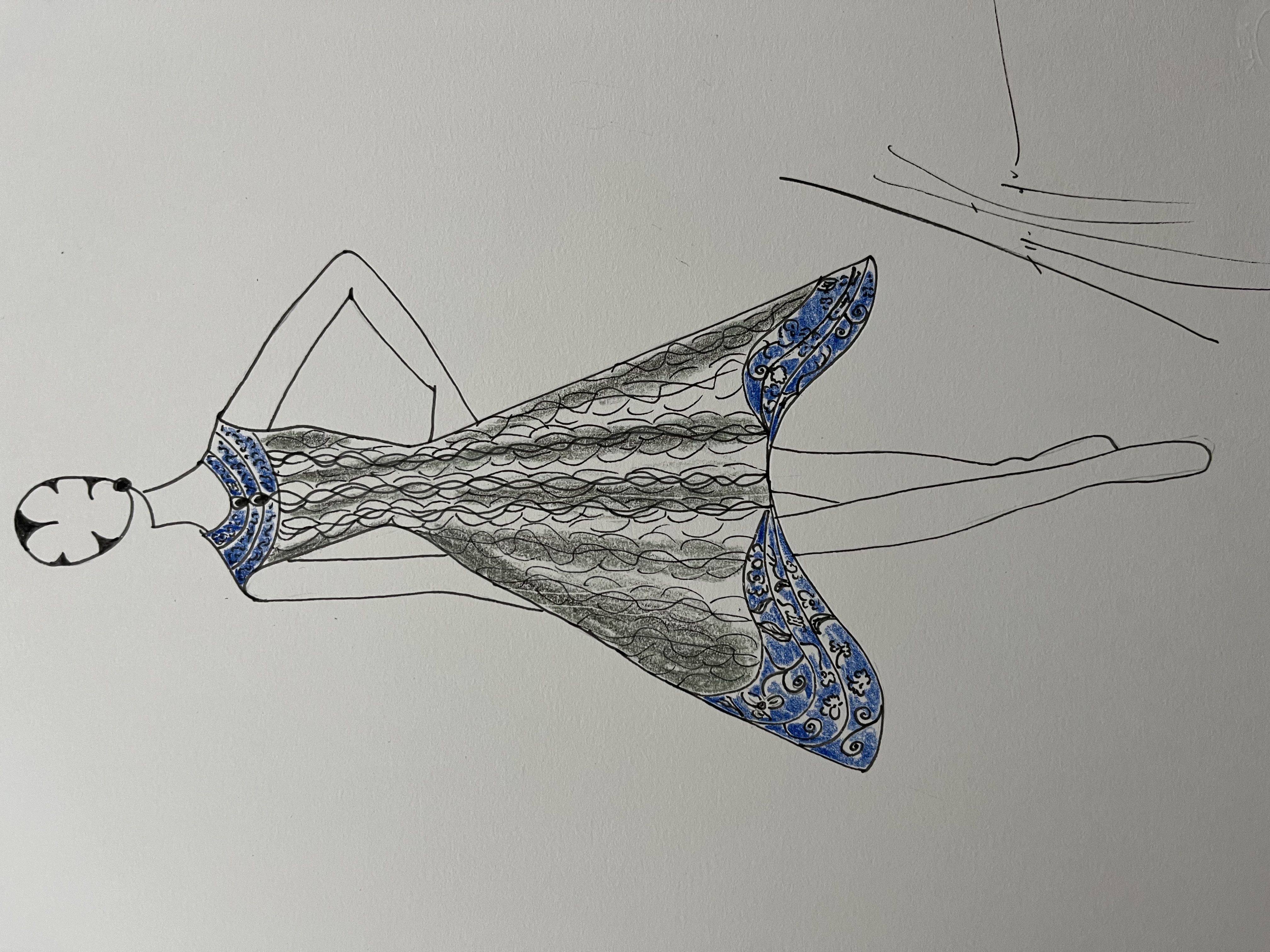 Design drawing of haute couture  short summer dress high ornamentation in blue and brown jacquard fabric lifted hemline sleeveless